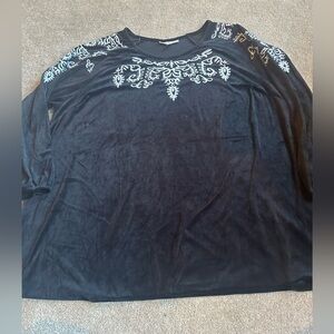 Woman Within Velour Pullover Embroidered Elastic Long Sleeve 22/24 Holiday Black